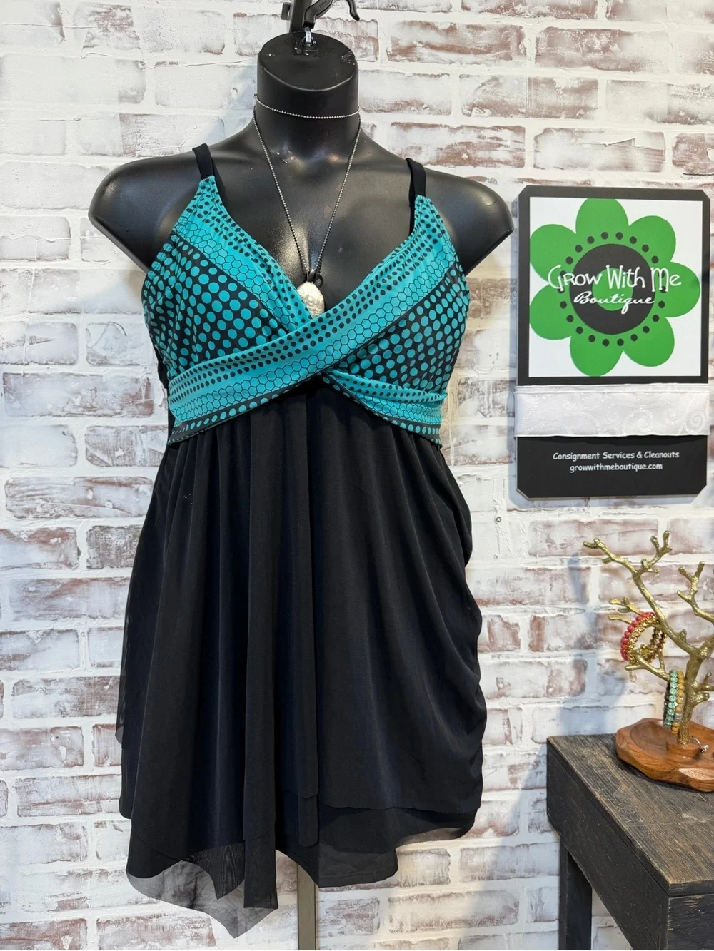 Black & Teal Polka Dot Babydoll Tank swim dress top XL